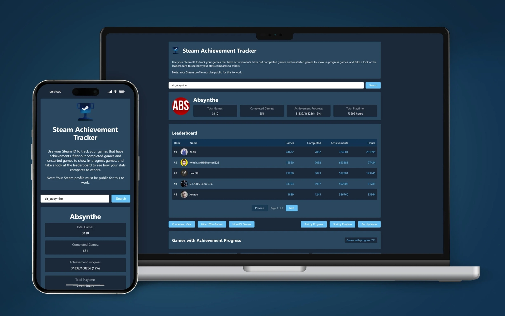 Mockup of Steam Achievement Tracker project